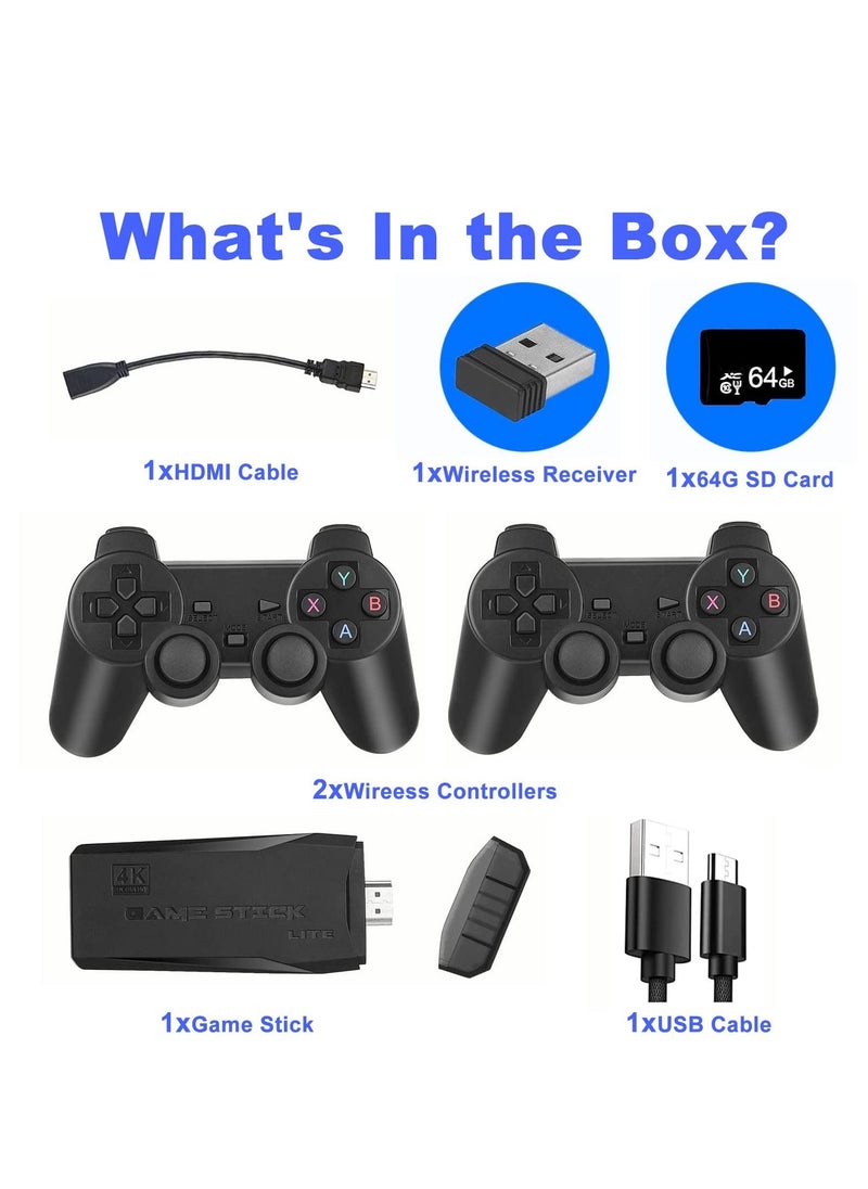 Wireless Retro Game Console, Retro Game Stick, 4K HDMI Output, Plug and Play Video Game Stick Built in 10000+ Games, 9 Classic Emulators, with Dual 2.4G Wireless Controllers (64G)