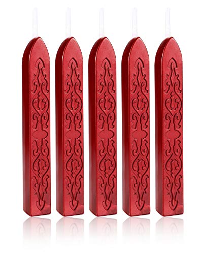 Yoption 5 Pcs Metallic Red Sealing Wax Sticks with Wicks for Wax Seal Stamp, Wedding Invitations, Envelopes, Gifts Sealing - Image 1