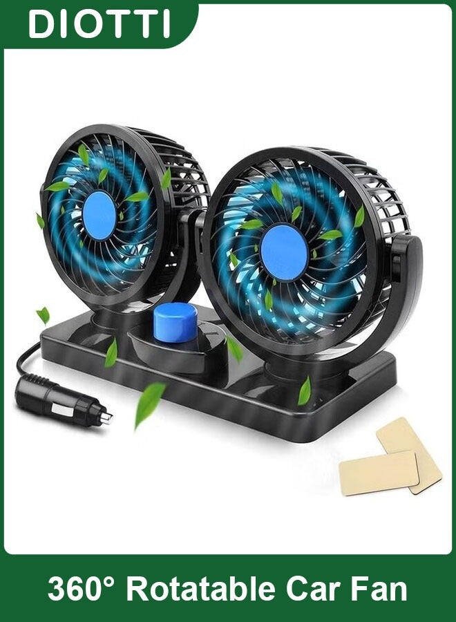 DIOTTI 12V Dual Head Car Fan, 2-Speed Adjustable 360° Rotatable Cooling Air Circulator with Cigarette Lighter Plug for Cars, Trucks, SUVs, RVs - Image 1