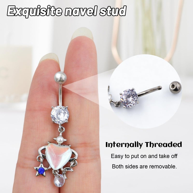 ECVLRTK G23 Hypoallergenic Flat Back Titanium Belly Button Ring,14G Titanium Floating Belly Button Rings for Women Men,Cute Navel Piercing Jewelry With Sparkling Aurora Crystal Pendant (HEART) - Image 3