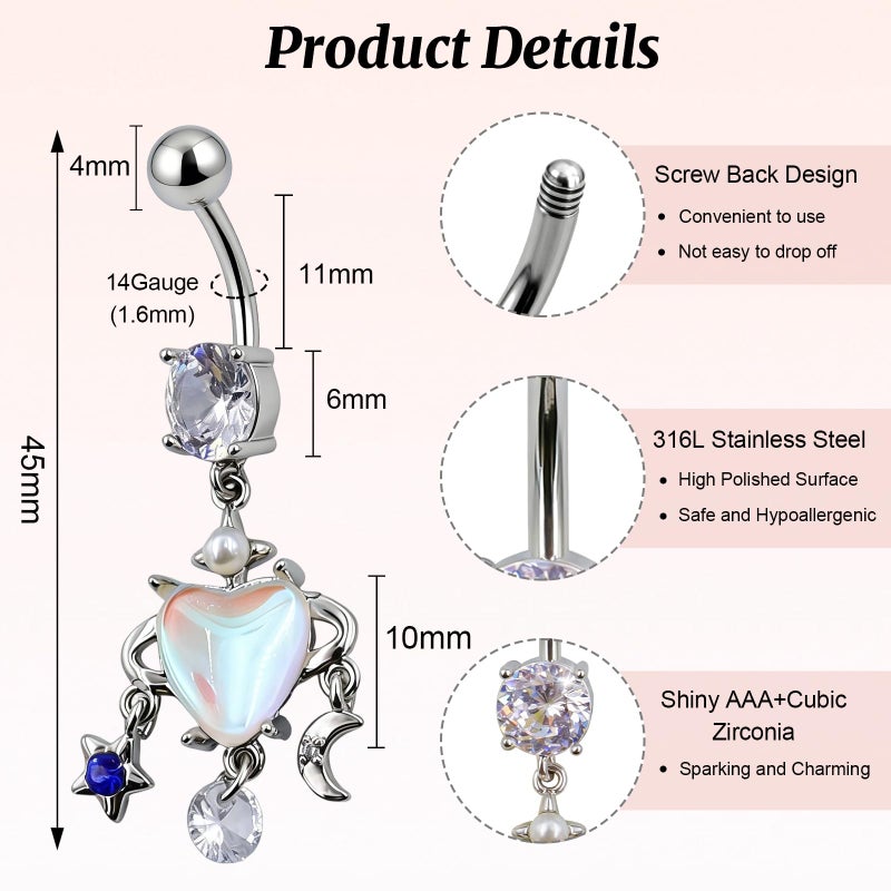 ECVLRTK G23 Hypoallergenic Flat Back Titanium Belly Button Ring,14G Titanium Floating Belly Button Rings for Women Men,Cute Navel Piercing Jewelry With Sparkling Aurora Crystal Pendant (HEART) - Image 4
