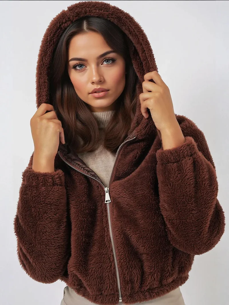 BIG DART BDART Faux Fur Leopard Print Hooded Crop Hoodie