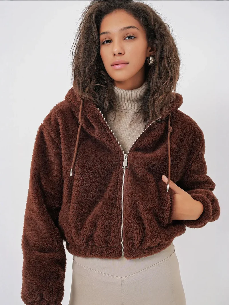 BIG DART BDART Faux Fur Leopard Print Hooded Crop Hoodie