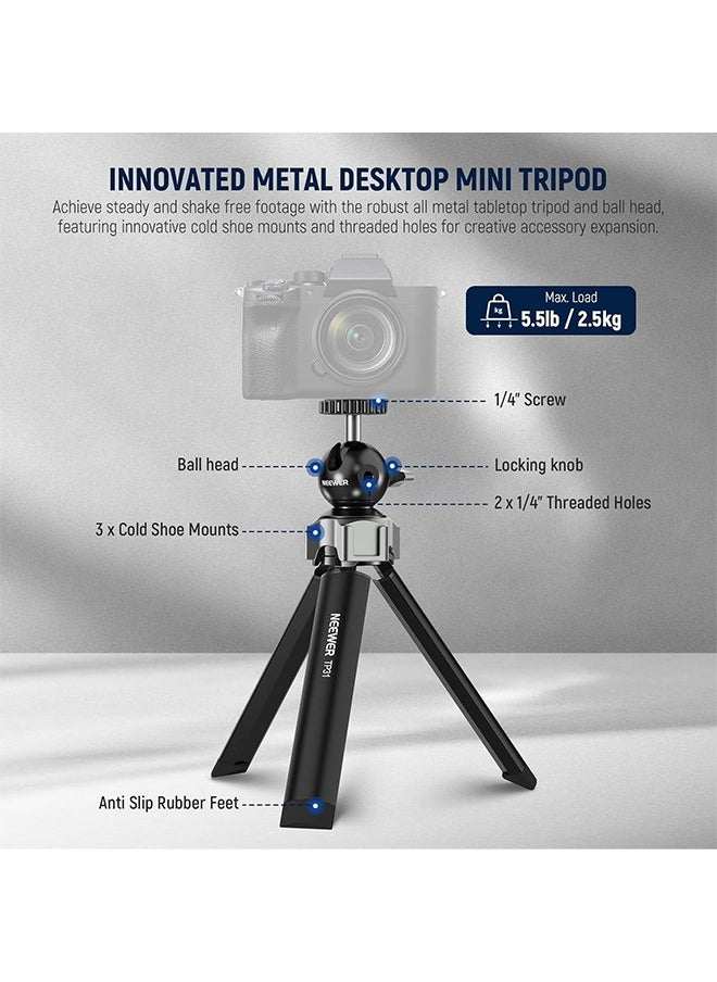 Neewer - NEEWER Mini Desk Tripod for iPhone with Ball Head 360° Rotatable 3 Cold Shoe Mounts, Metal Portable Table Tripod for Travel Vlogging Recording Compatible with Gopro DJI Phone DSLR Camera, TP31 - Image 1