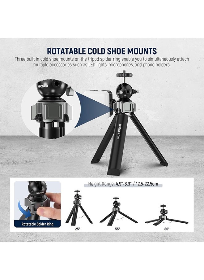 Neewer - NEEWER Mini Desk Tripod for iPhone with Ball Head 360° Rotatable 3 Cold Shoe Mounts, Metal Portable Table Tripod for Travel Vlogging Recording Compatible with Gopro DJI Phone DSLR Camera, TP31 - Image 1