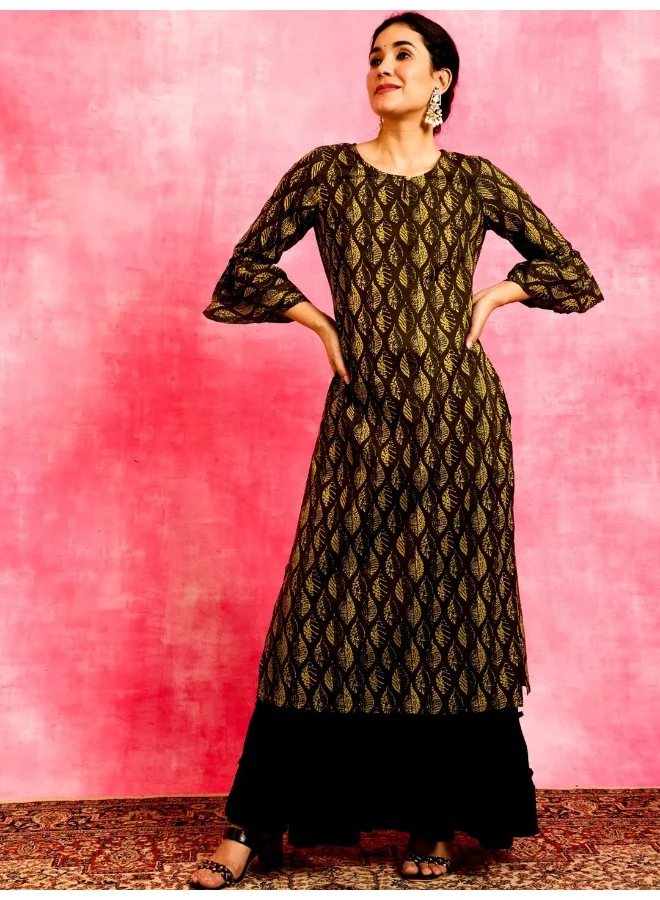 أيه كيه إس Dark Olive Leaf Printed Straight Kurta