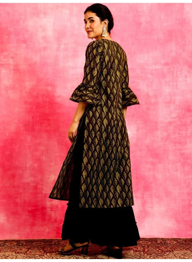 AKS Dark Olive Leaf Printed Straight Kurta