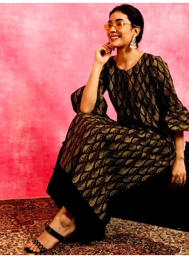 AKS Dark Olive Leaf Printed Straight Kurta