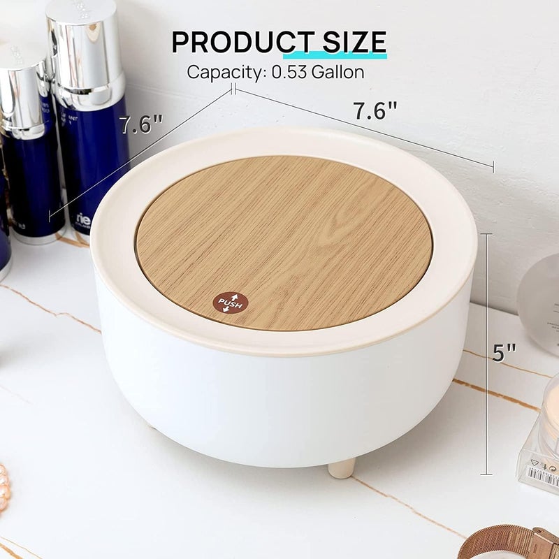 Mixen MIXEN 2 Liter/Mini Trash Can with Press Top Lid - Compact Wastebasket for Bathroom Vanity, Desktop, Tabletop, Coffee Table or Countertop-Round Press  - Image 5