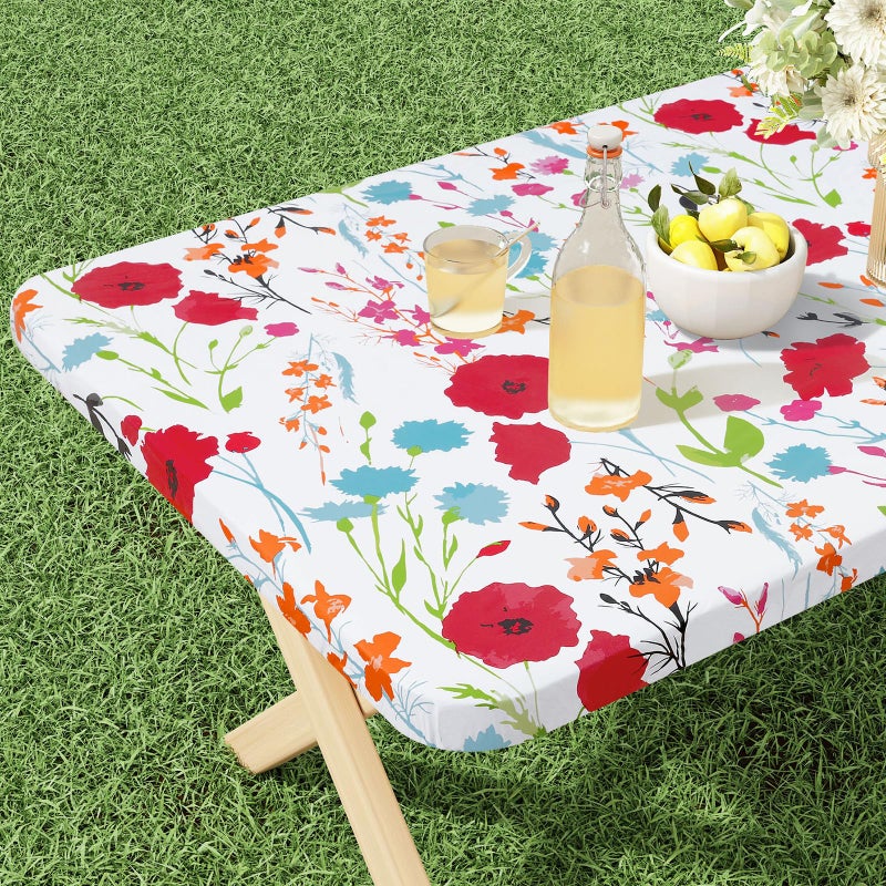 misaya Rectangle Vinyl Tablecloth, Fitted Table Cover, 100% Waterproof, Elastic Edge, Flannel Backing, Plastic Table Cloth Fit Folding Tables for Picnic, Camping, Outdoor (Flowers, 36x60 inch) - Image 1