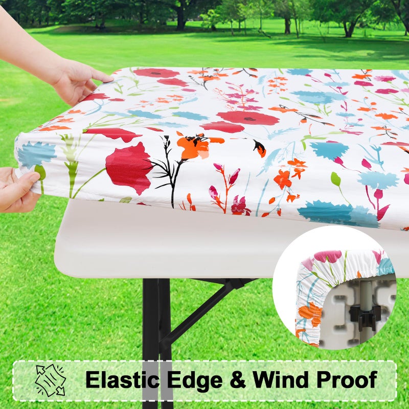 misaya Rectangle Vinyl Tablecloth, Fitted Table Cover, 100% Waterproof, Elastic Edge, Flannel Backing, Plastic Table Cloth Fit Folding Tables for Picnic, Camping, Outdoor (Flowers, 36x60 inch) - Image 2