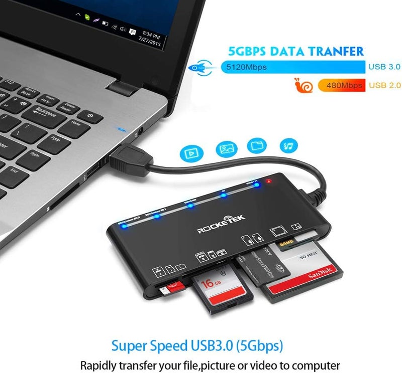 Rocketek USB3.0 Multi-Card Reader, SD/TF/CF/Micro SD/XD/MS 7 in 1 Fast 5Gbps Memory Card Reader/Writer/Hub for SD SDXC SDHC CF CFI TF Micro SD Micro SDXC Micro SDHC MS MMC UHS-I Cards,for Windows/Linux/Mac OS - Image 3