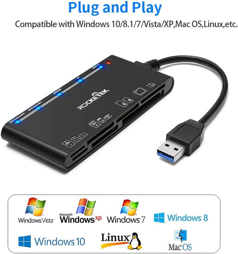 Rocketek USB3.0 Multi-Card Reader, SD/TF/CF/Micro SD/XD/MS 7 in 1 Fast 5Gbps Memory Card Reader/Writer/Hub for SD SDXC SDHC CF CFI TF Micro SD Micro SDXC Micro SDHC MS MMC UHS-I Cards,for Windows/Linux/Mac OS - Image 5