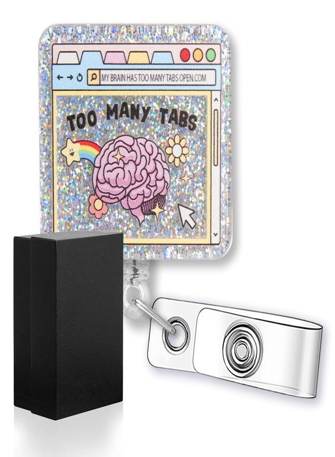 rofiowa Too Many Tabs Cute Glitter Brain Badge Reel, Retractable Badge Holder for ADHD Neurodivergent Autism Nurse Doctor Teacher, Mental Health Gift for Psychotherapist Occupational Therapist - Image 1