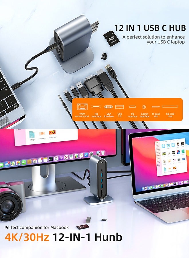 Arabest 12-in-1 USB C Docking Station - USB C Hub Dock Laptop Display Docking Station Universal Port with 4K HDMI Monitor,100W PD,Ethernet,4K VGA,Audio,SD/TF,USB 3.0 Adapter for Windows Mac Computer  - Image 3