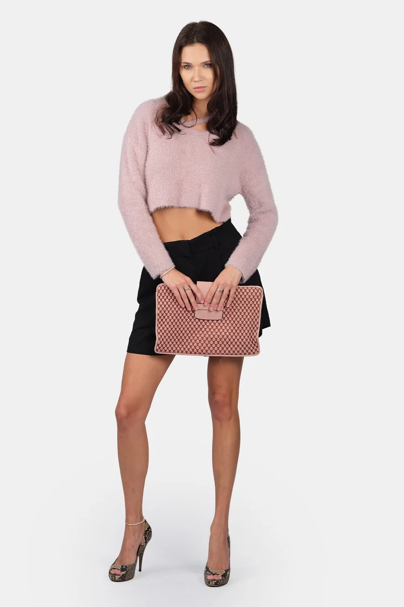 فيرجيو Self Design Viscose V-Neck Buttery Soft Crop Knit Top for Women