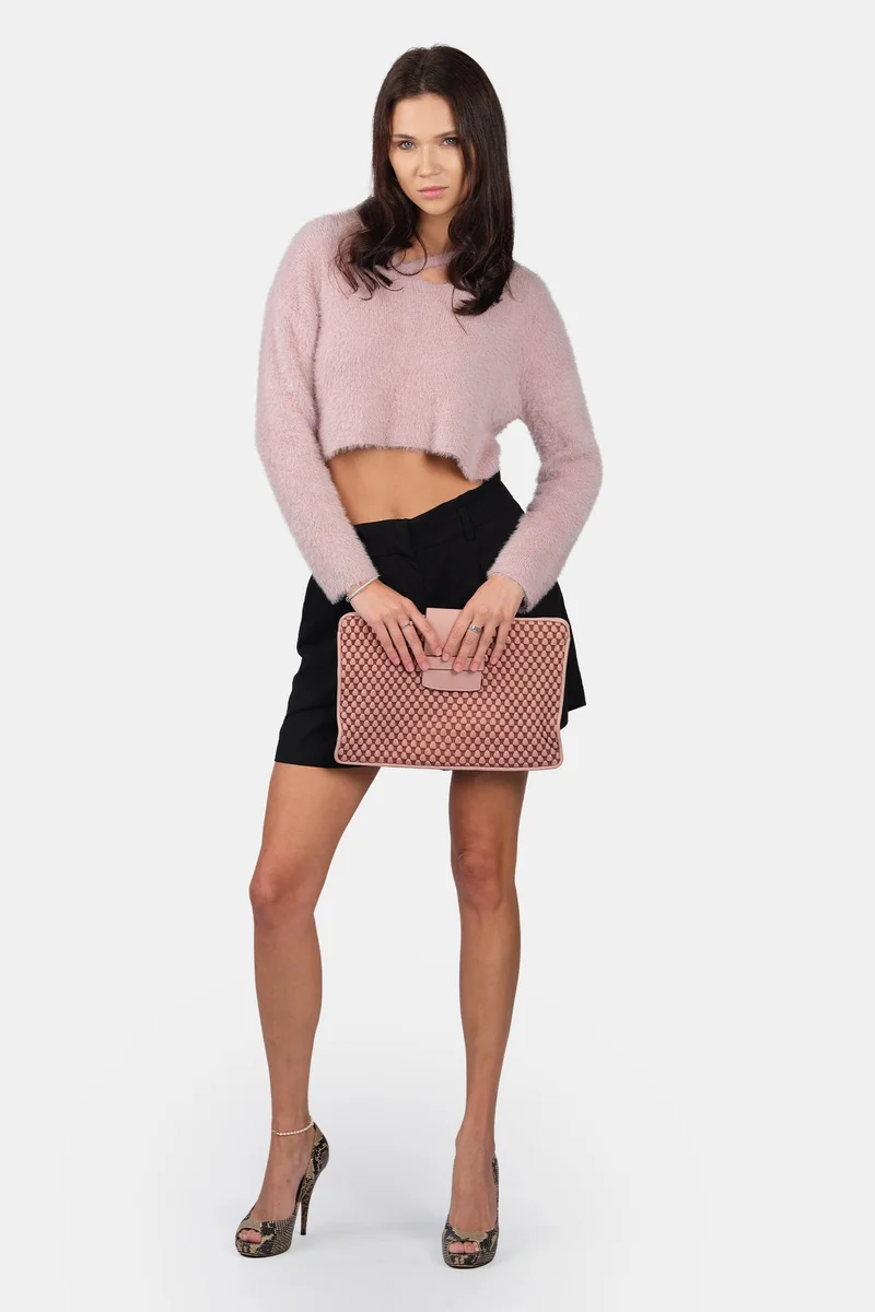 Virgio Self Design Viscose V-Neck Buttery Soft Crop Knit Top for Women