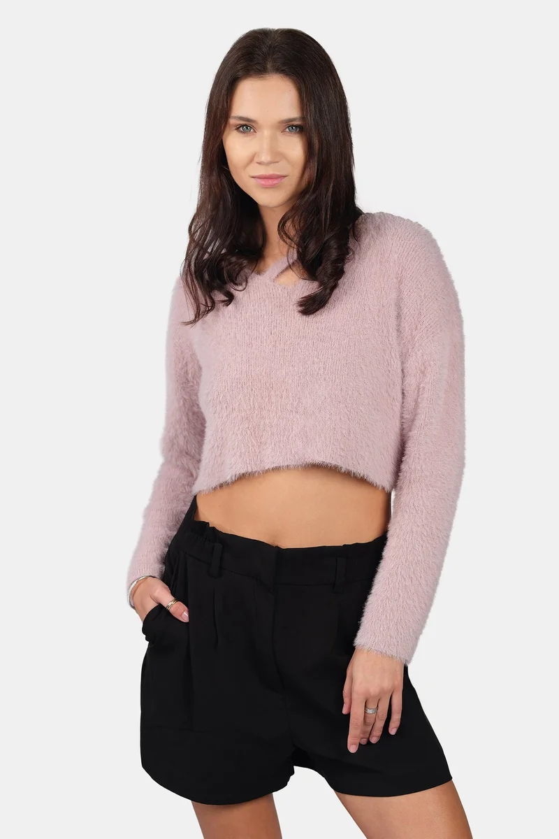 Virgio Self Design Viscose V-Neck Buttery Soft Crop Knit Top for Women