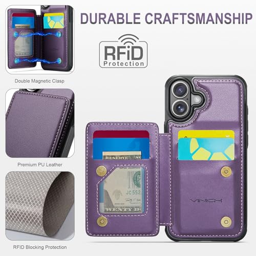 Vinich for iPhone 16 Plus Wallet Case with Card Holder, RFID Blocking Credit Slots Kickstand Shockproof Phone Cover Fit for iPhone 16 Plus 6.7" Purple - Image 5