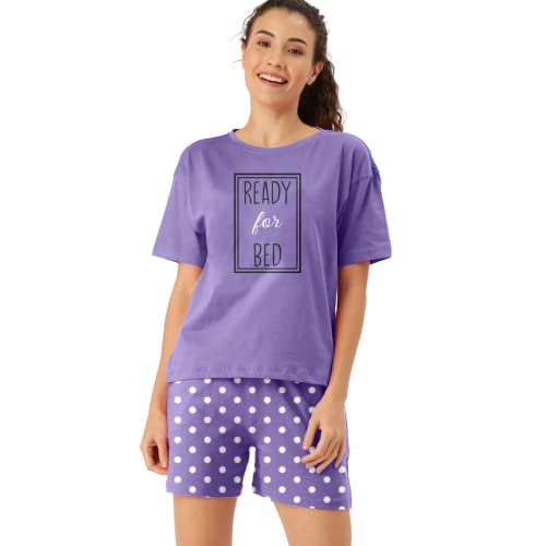 Hestia | Cotton Night Suit for Women | Night Wear Dress Set with Shorts and Tops & T-Shirt | Breathable Fabric | Shrink Free Night Dress Material | Time for Bed-Dot Printed | Purple | M | Set 1 - Image 1