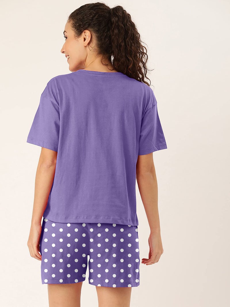 Hestia | Cotton Night Suit for Women | Night Wear Dress Set with Shorts and Tops & T-Shirt | Breathable Fabric | Shrink Free Night Dress Material | Time for Bed-Dot Printed | Purple | M | Set 1 - Image 4