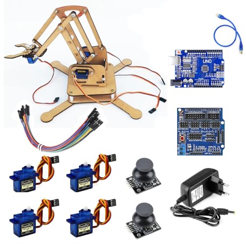 Electrobot DIY Robotic Arm Kit with UNO SMD Board, SG90 Servos, Sensor Shield, and MDF Parts - Includes Joystick Modules, Jumper Wires, and QR Code for Instructions - Image 1