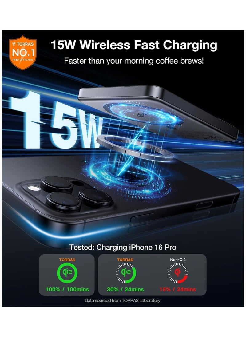 TORRAS MiniMag Qi2 Power Bank, 10,000mAh Magnetic Battery Pack, Qi2 Certified 30W with USB-C Cable, 15W Ultra-Fast MagSafe-Compatible Portable Charger, for iPhone 16 Pro Max/16 Pro/16/15, Titanium  Gray  - Image 2