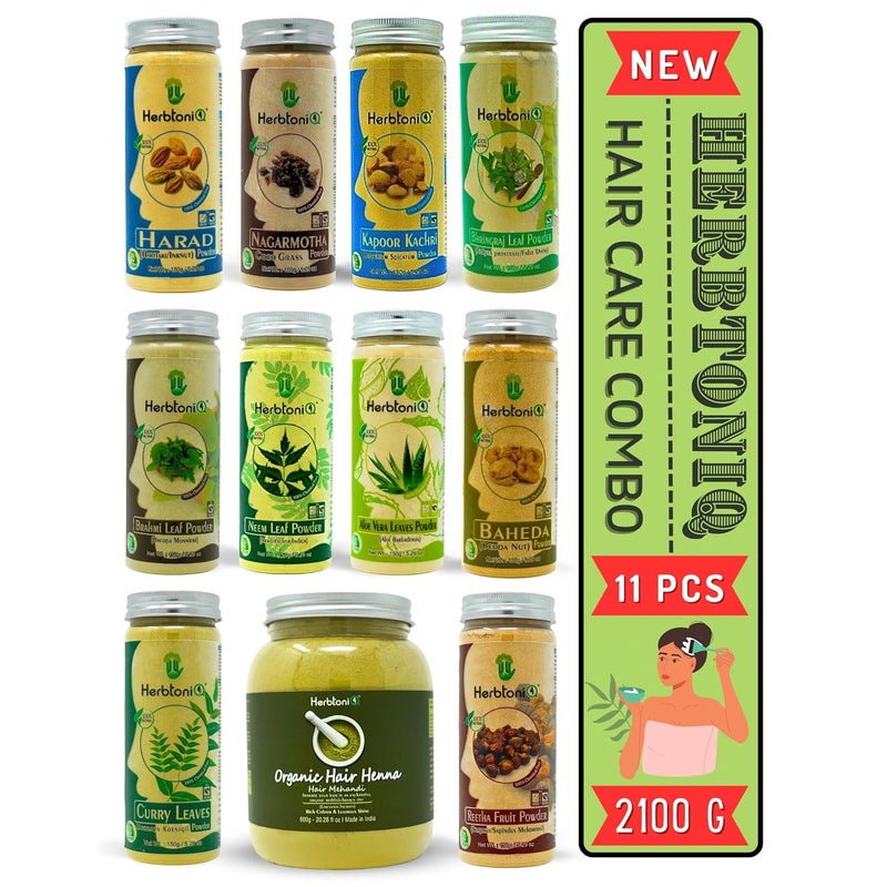 Herbtoniq HerbtoniQ Set of 11 Natural  Organic Hair Care Products  Harad Nagarmotha Kapoor Kachri Bhringraj Brahmi Neem Aloe Vera Baheda Curry Leaves Reetha  Hair Henna Powder for Hair Pack 2100g - Image 1