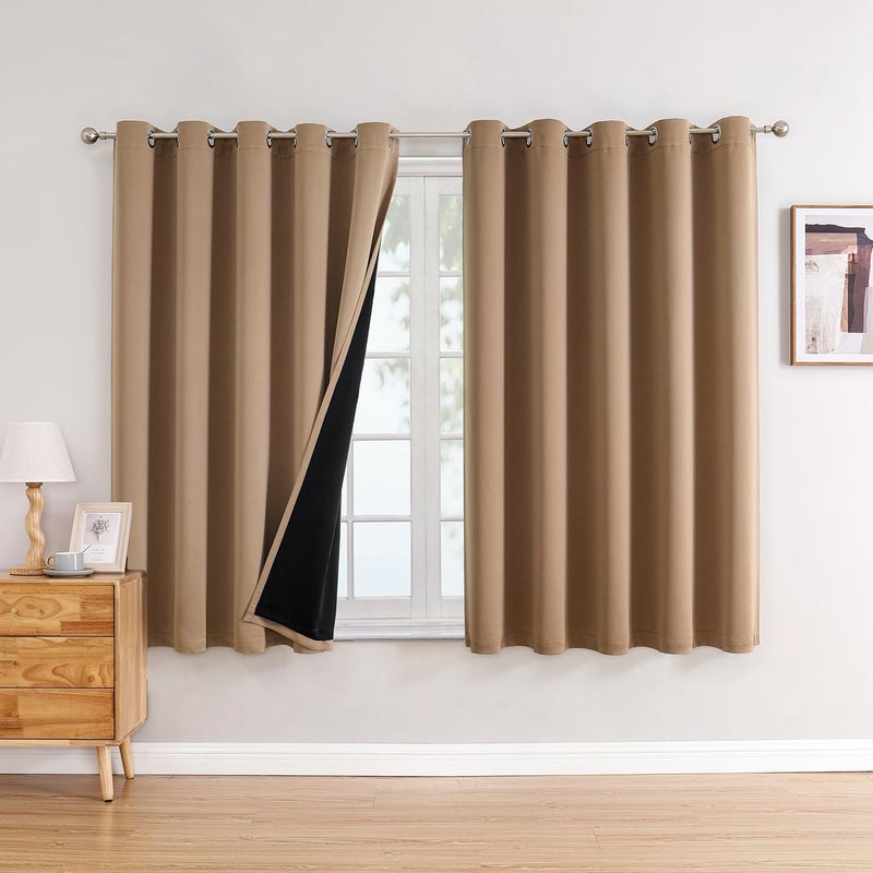ChrisDowa 100% Blackout Curtains 63 inch Long for Bedroom with Black Liner  Extra Wide 2 Thick Layers Total Blackout Thermal Insulated Grommet Window Curtains 2 Panels Set (Cappuccino  60 x 63 Inch) - Image 1