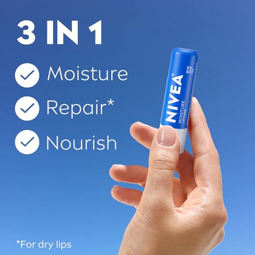NIVEA Moisture Lip Care, Hydrating Lip Balm with Shea Butter, Nourishing Oils and Vitamin C & E, 3-in-1 Moisture, Repair and Nourish, 0.17 Oz Stick, Pack of 4 - Image 3