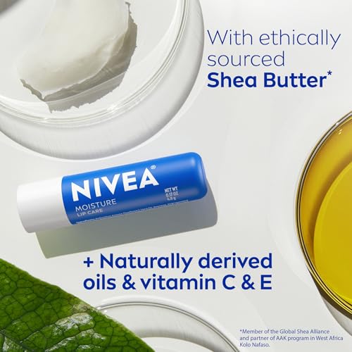 NIVEA Moisture Lip Care, Hydrating Lip Balm with Shea Butter, Nourishing Oils and Vitamin C & E, 3-in-1 Moisture, Repair and Nourish, 0.17 Oz Stick, Pack of 4 - Image 5