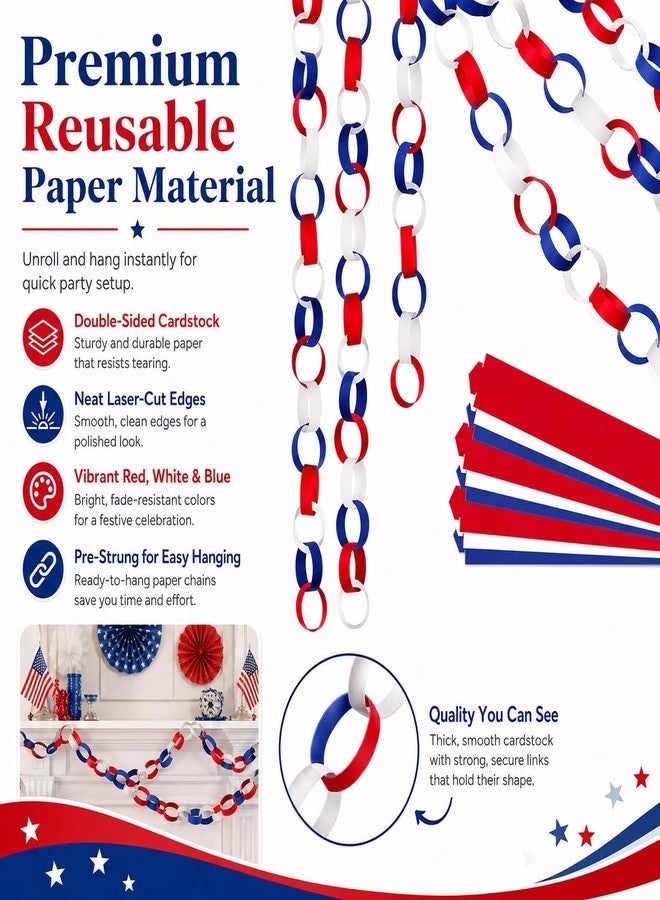 Baluue 4th of July Paper Chain, Red White and Blue Streamers Patriotic 250th Anniversary Paper Chain Strips for Crafting DIY Independence Day Party Decorations - Image 2