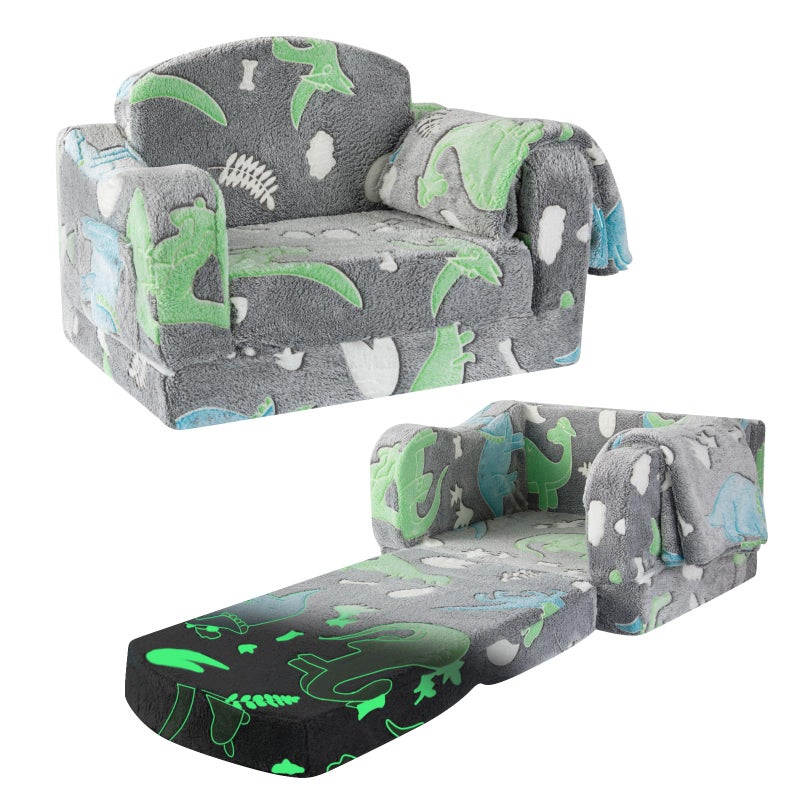 Airpanda Comfy Toddler Chair and Couch for Kids with Blanket2in1 Soft Plush Fold Out Toddler Couch for Girls and BoysConvertible Sofa to Lounger for PlayroomGray Dinosaur