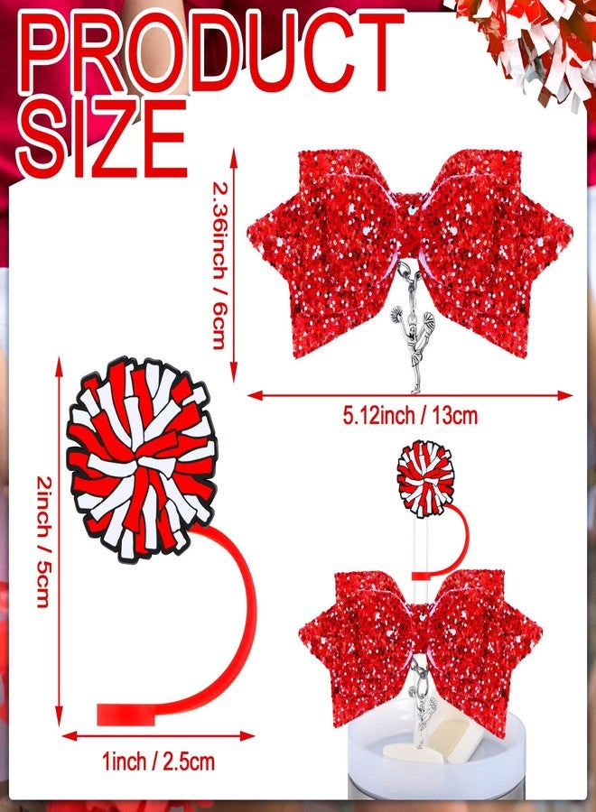 RimCereal 36 Pcs Red Cheerleading Tumbler Accessories, 12 Pcs 10 mm Straw Cover Straw Toppers, 12 Glitter Bows and 12 Cheerleaders Pendants Charms for Tumblers Decor Cheerleading Gifts - Image 2