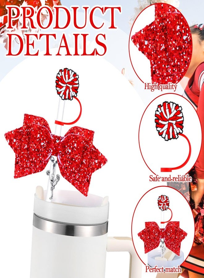 RimCereal 36 Pcs Red Cheerleading Tumbler Accessories, 12 Pcs 10 mm Straw Cover Straw Toppers, 12 Glitter Bows and 12 Cheerleaders Pendants Charms for Tumblers Decor Cheerleading Gifts - Image 3