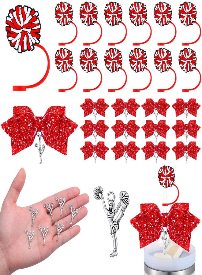 RimCereal 36 Pcs Red Cheerleading Tumbler Accessories, 12 Pcs 10 mm Straw Cover Straw Toppers, 12 Glitter Bows and 12 Cheerleaders Pendants Charms for Tumblers Decor Cheerleading Gifts - Image 1