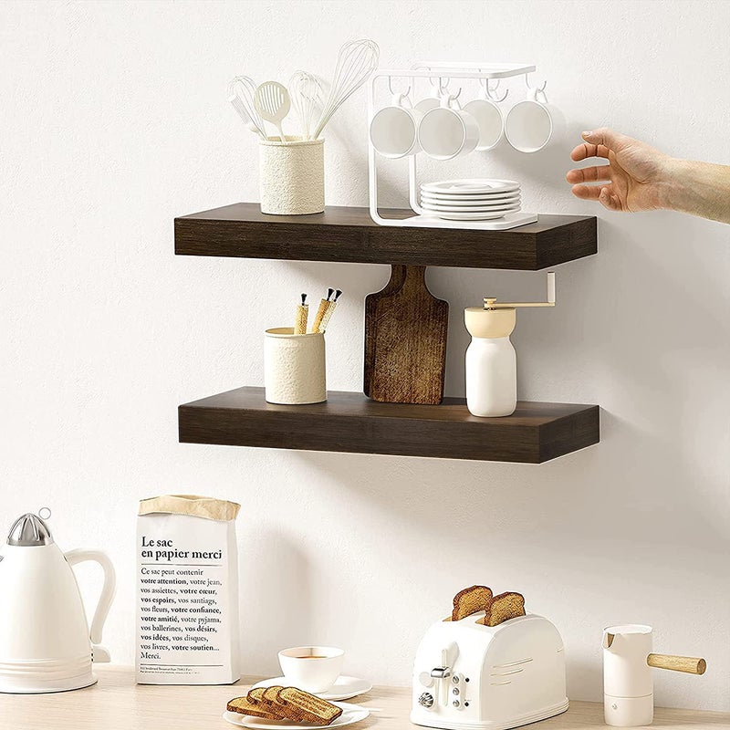 ODEJIA Floating Wall Shelf Set of 2Natural Bamboo Wall Decor Storage ShelfWall Mount Display Rack for Bedroom Living Room Bathroom Kitchen Office and More - Image 5