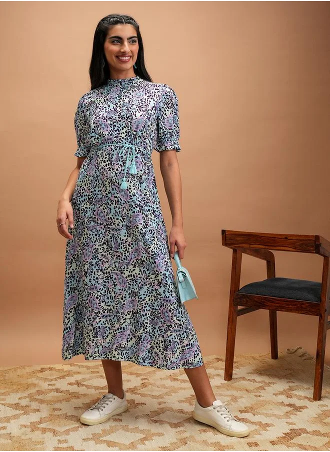 فيشود Vishudh Women Floral Printed Puff Sleeves A-Line Midi Dress