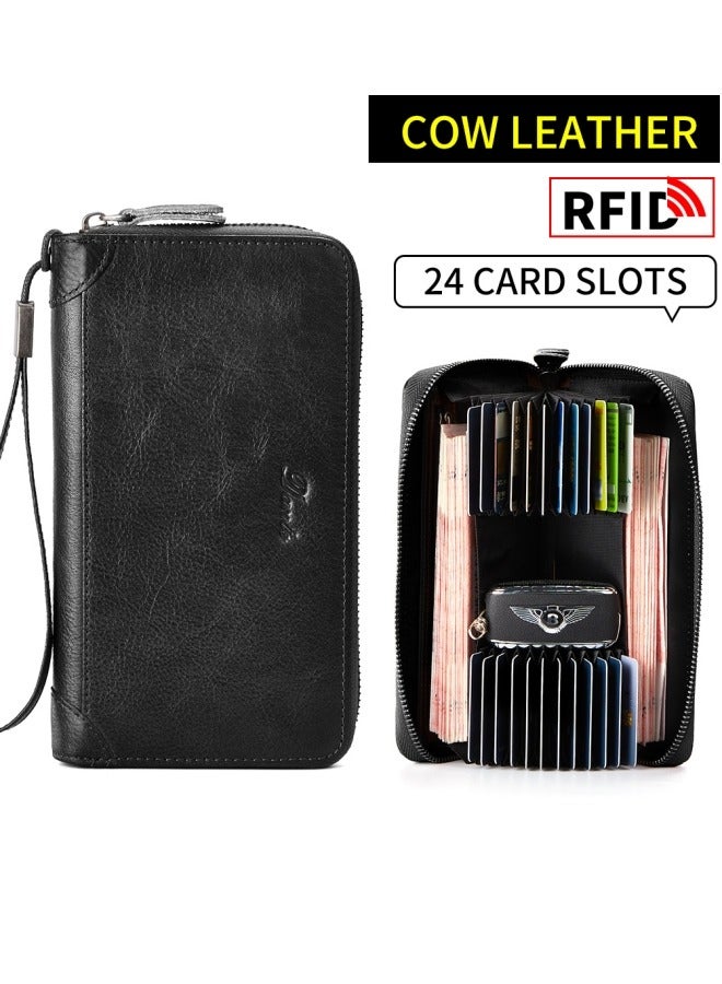 دانتي حقيبة يد رجالية بفرشاة RFID مضادة للسرقة ومحفظة طويلة من جلد البقر من الطبقة الأولى باللون الأسود - Image 1