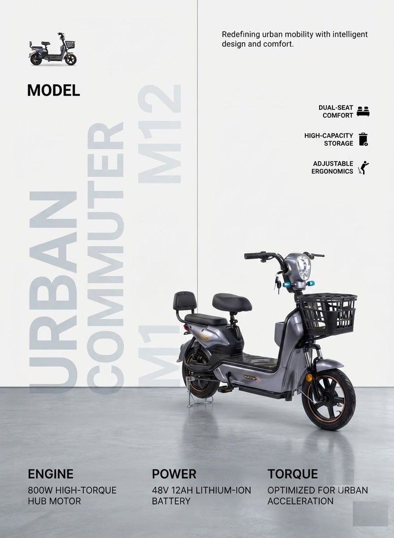 Premium Dual-Seat Electric Scooter / Moped with 800W High-Torque Motor, Long-Range 48V 12Ah Battery, Front & Rear Baskets, and Adjustable Comfort Seating - Deep Metallic Gray Finish - Image 4