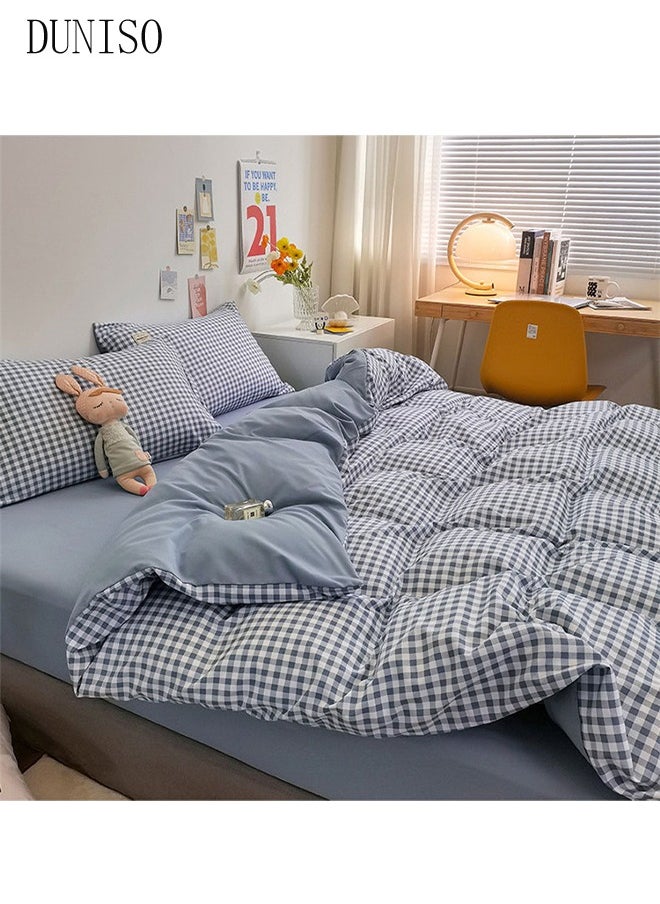 DUNISO 4 PCS Cotton Queen Size Bed Sheet Sets Soft Sheets Including Fitted Sheet Quilt Cover and 2 Pillowcases Pre Shrunk and Anti Pill Sheets Blue and White Plaid 220*240cm  - Image 4