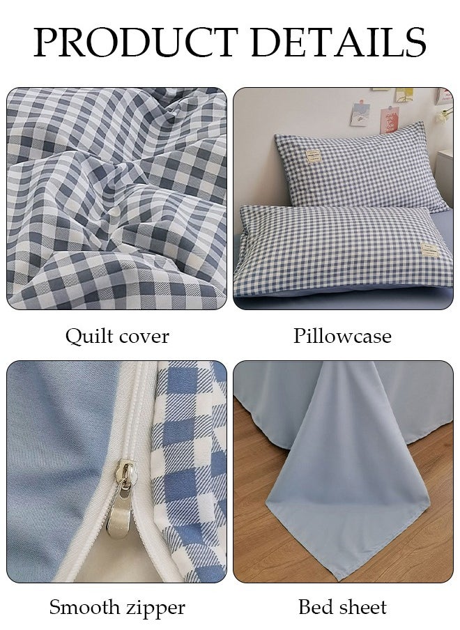 DUNISO 4 PCS Cotton Queen Size Bed Sheet Sets Soft Sheets Including Fitted Sheet Quilt Cover and 2 Pillowcases Pre Shrunk and Anti Pill Sheets Blue and White Plaid 220*240cm  - Image 3