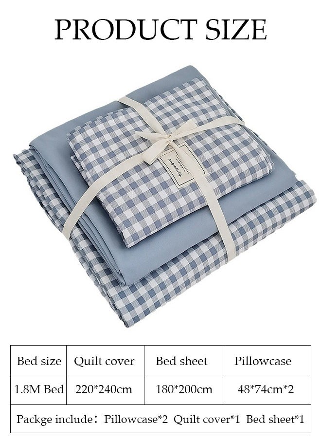 DUNISO 4 PCS Cotton Queen Size Bed Sheet Sets Soft Sheets Including Fitted Sheet Quilt Cover and 2 Pillowcases Pre Shrunk and Anti Pill Sheets Blue and White Plaid 220*240cm  - Image 2