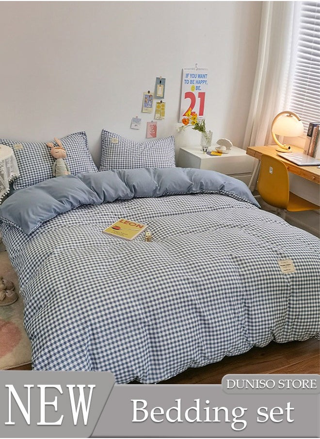 DUNISO 4 PCS Cotton Queen Size Bed Sheet Sets Soft Sheets Including Fitted Sheet Quilt Cover and 2 Pillowcases Pre Shrunk and Anti Pill Sheets Blue and White Plaid 220*240cm  - Image 1