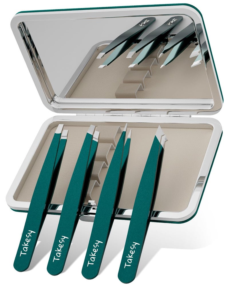 Takesy Upgraded Sharp Precision Tweezers for Facial Hair & Chin Hair, Slanted Design for Women & Men Eyebrow Plucker, Great with Travel Mirror Case (Green) - Image 1