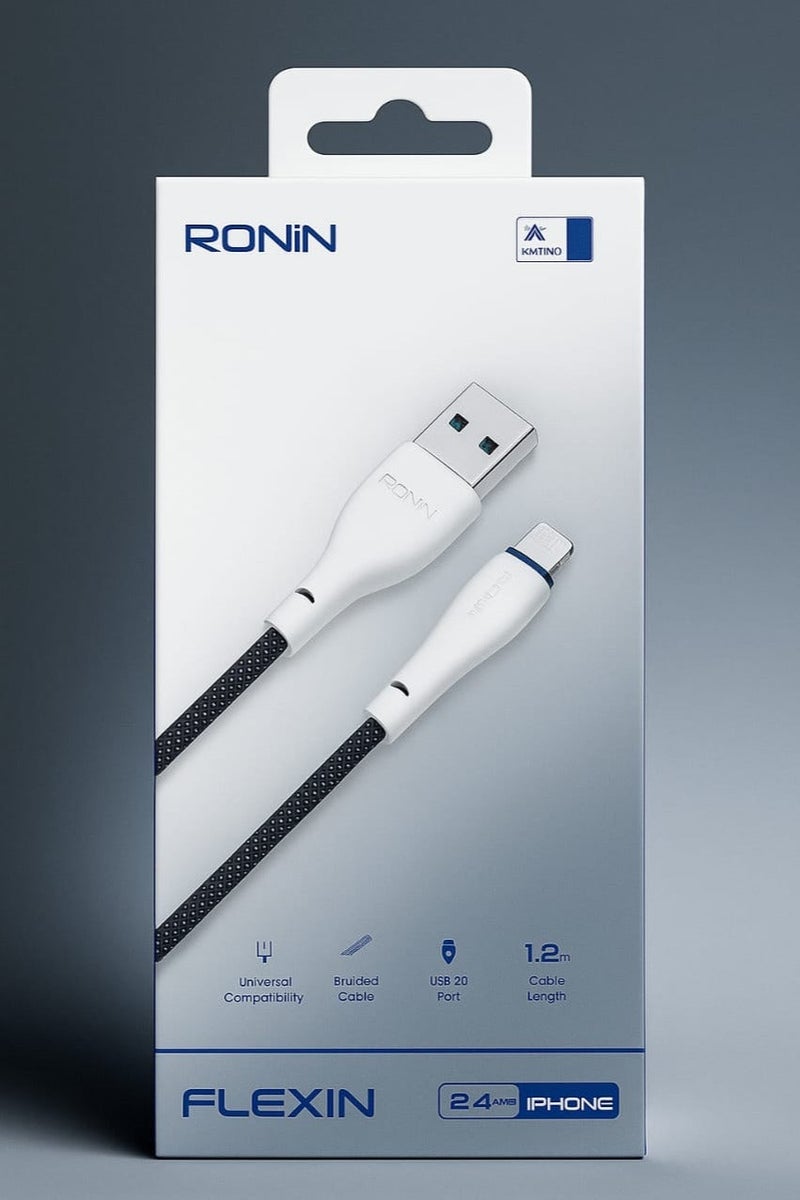 رونين كابل رونين فليكسين R-2025 من USB-A إلى Lightning - شحن سريع 2.4 أمبير - مجدول محمي - نقل بيانات - طول 1.2 متر - مضاد للتشابك - موصلات معززة - للايفون والايباد - أزرق - Image 2