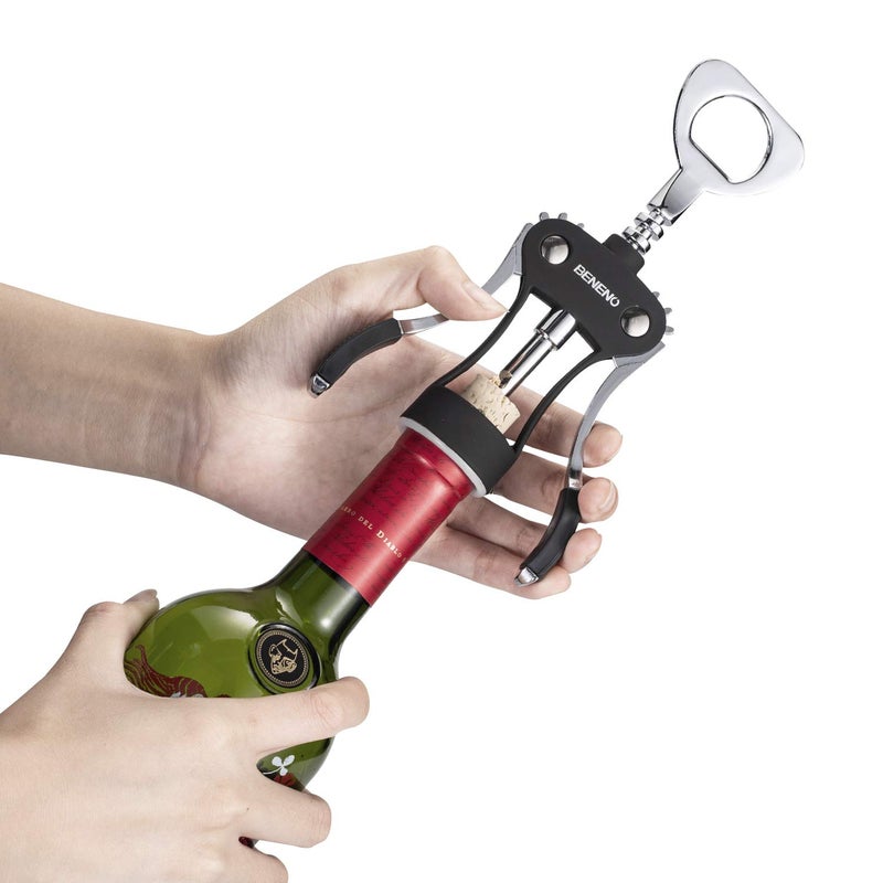Beneno Wine Opener, Zinc Alloy Premium Wing Corkscrew Wine Bottle Opener with Multifunctional Bottles Opener, Sharp Corkscrew with Ergonomic Non-slip Wing Handle, Upgrade Black - Image 2