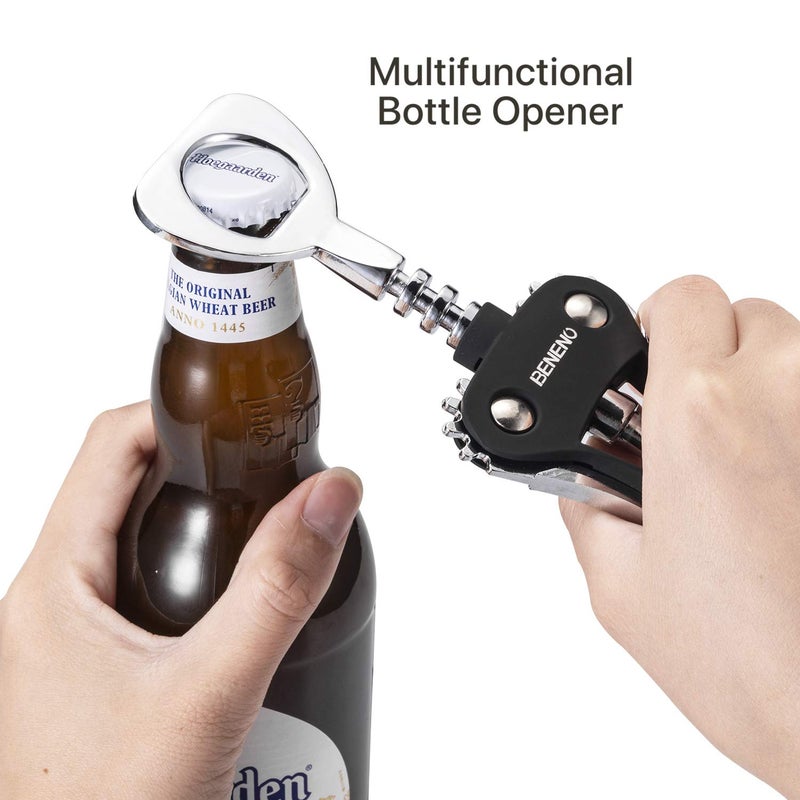 Beneno Wine Opener, Zinc Alloy Premium Wing Corkscrew Wine Bottle Opener with Multifunctional Bottles Opener, Sharp Corkscrew with Ergonomic Non-slip Wing Handle, Upgrade Black - Image 5