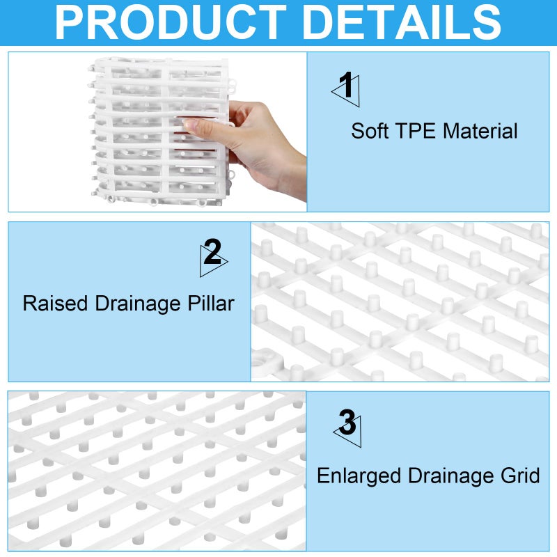 Tinideya 30 Pcs Interlocking Drainage Tiles 12" x 12" Anti-Slip Shower Floor Mat TPE Garage Floor Tile with Drain Holes Vented Deck Tiles for Bathroom,Garage,Kitchen,Swimming Pool,Pet Areas(White) - Image 3