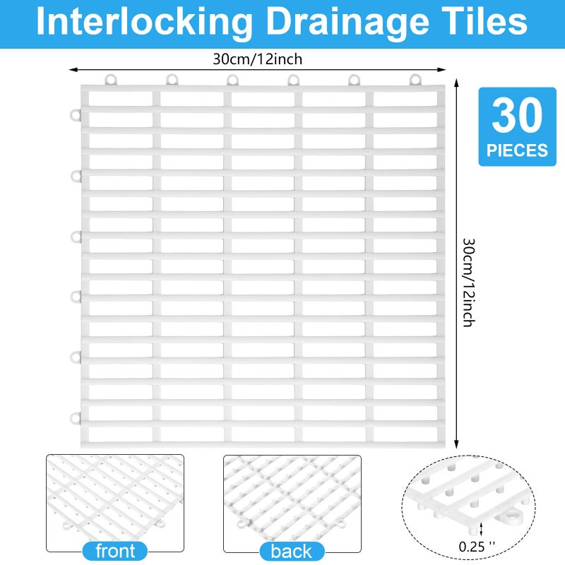 Tinideya 30 Pcs Interlocking Drainage Tiles 12" x 12" Anti-Slip Shower Floor Mat TPE Garage Floor Tile with Drain Holes Vented Deck Tiles for Bathroom,Garage,Kitchen,Swimming Pool,Pet Areas(White) - Image 2